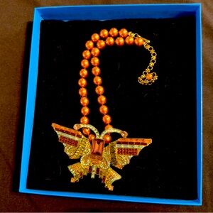 Heidi Dause large Gold Butterfly Pendant Necklace with lights brown Beads